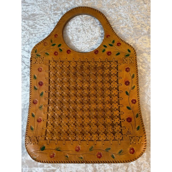 Handmade Handbags - Vintage Handmade Leather Cutwork Handbag Floral Painted Boho Tote Purse Tan